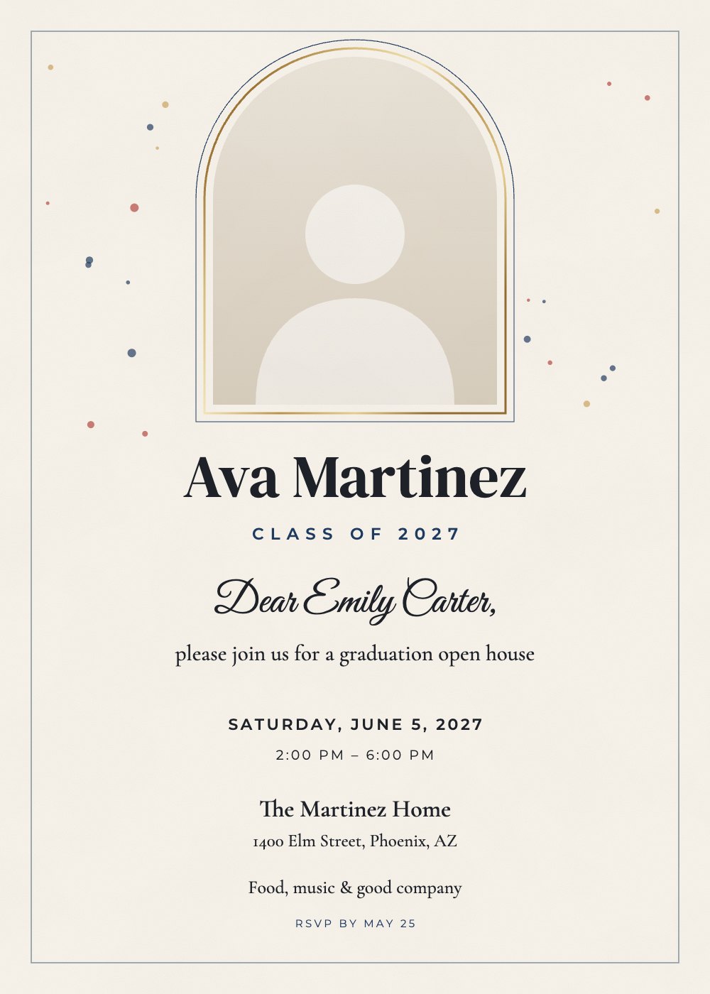 Senior Photo Arch graduation invitation, personalized with each guest's name
