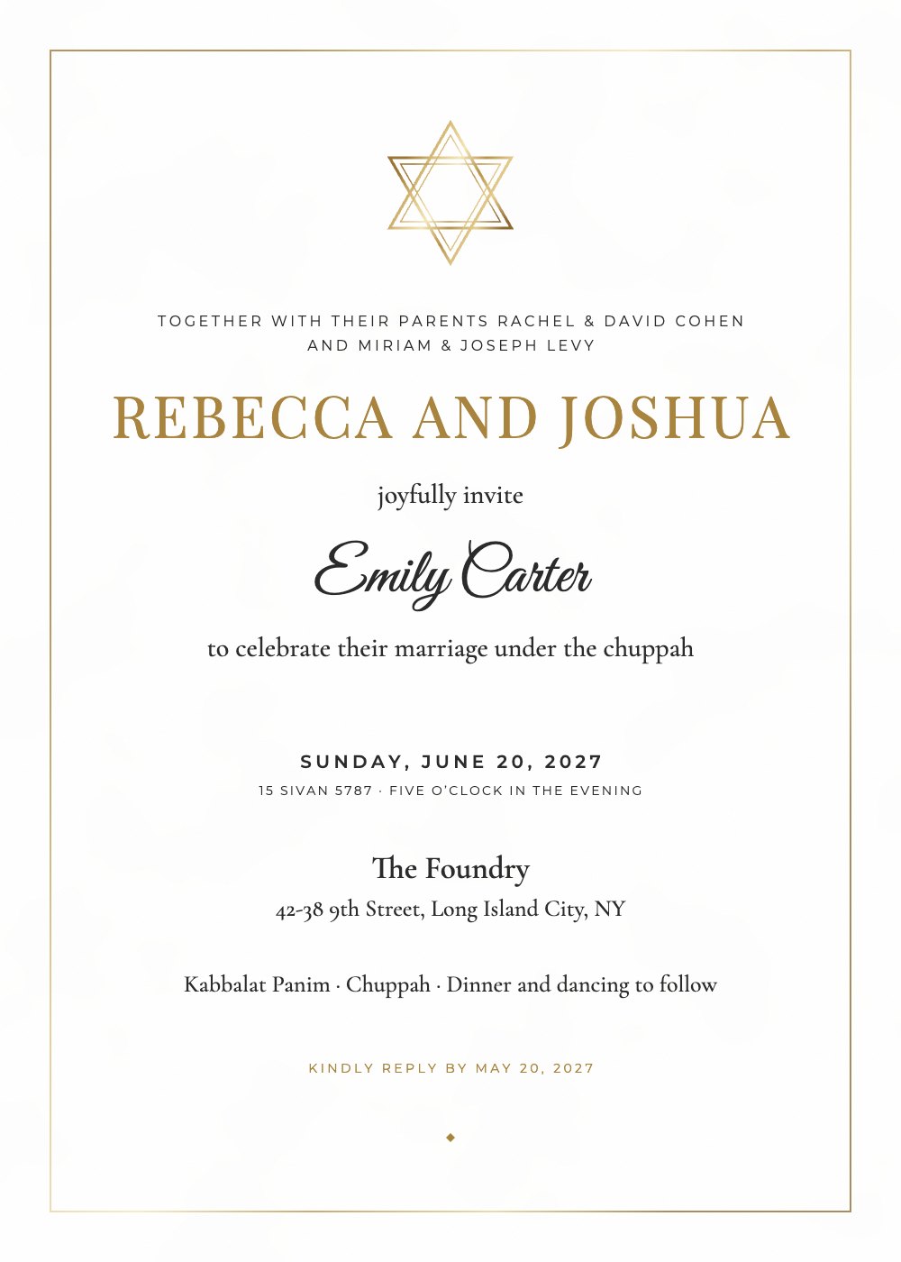 Star of David Jewish wedding invitation with a guest name