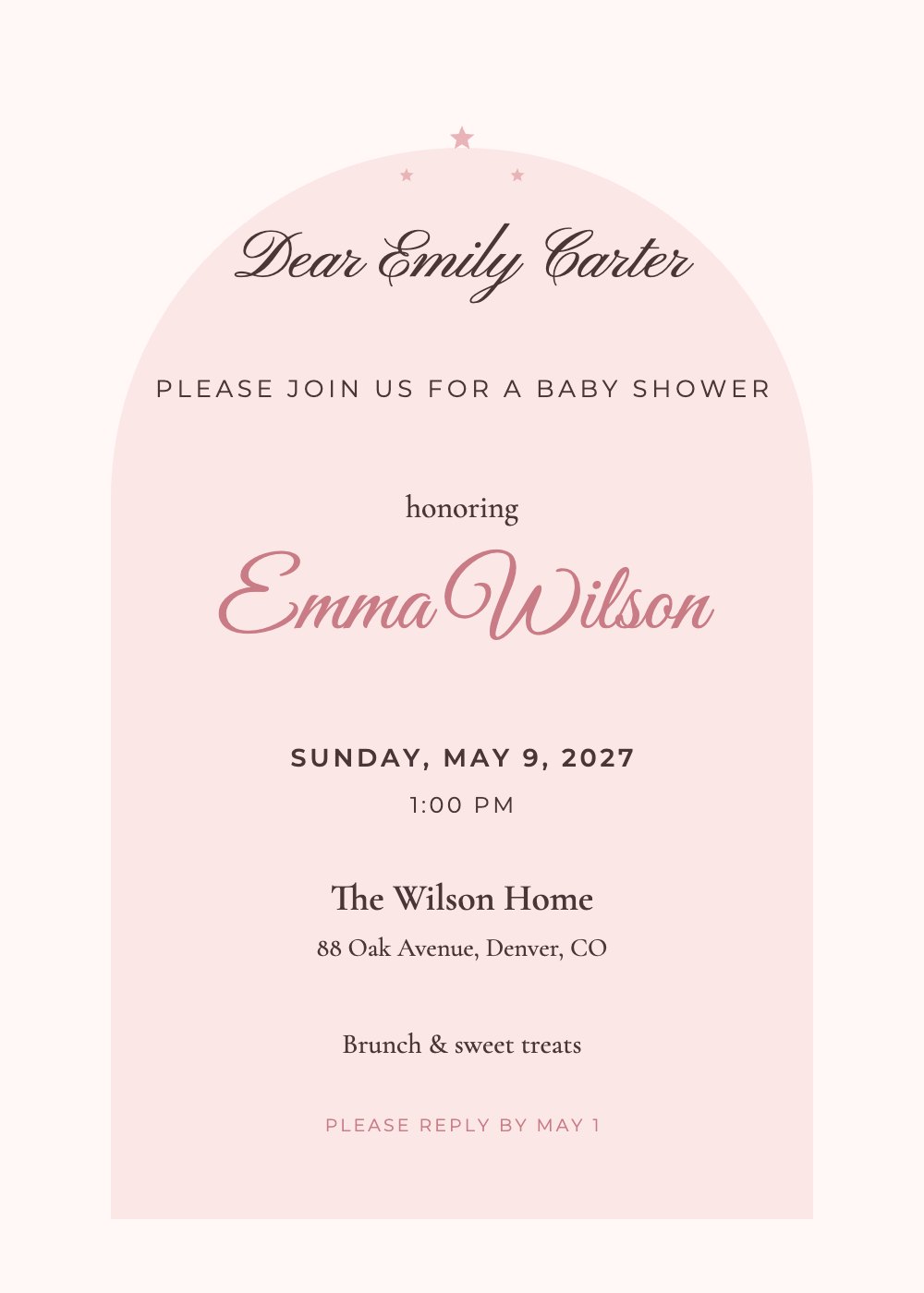 Sweet Blush baby shower invitation template, personalized with guest names