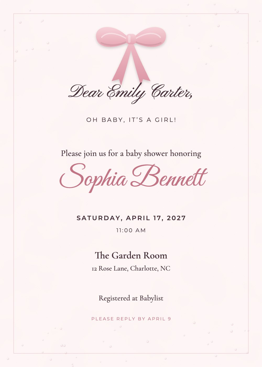 Sweet Bow baby shower invitation, personalized with each guest's name