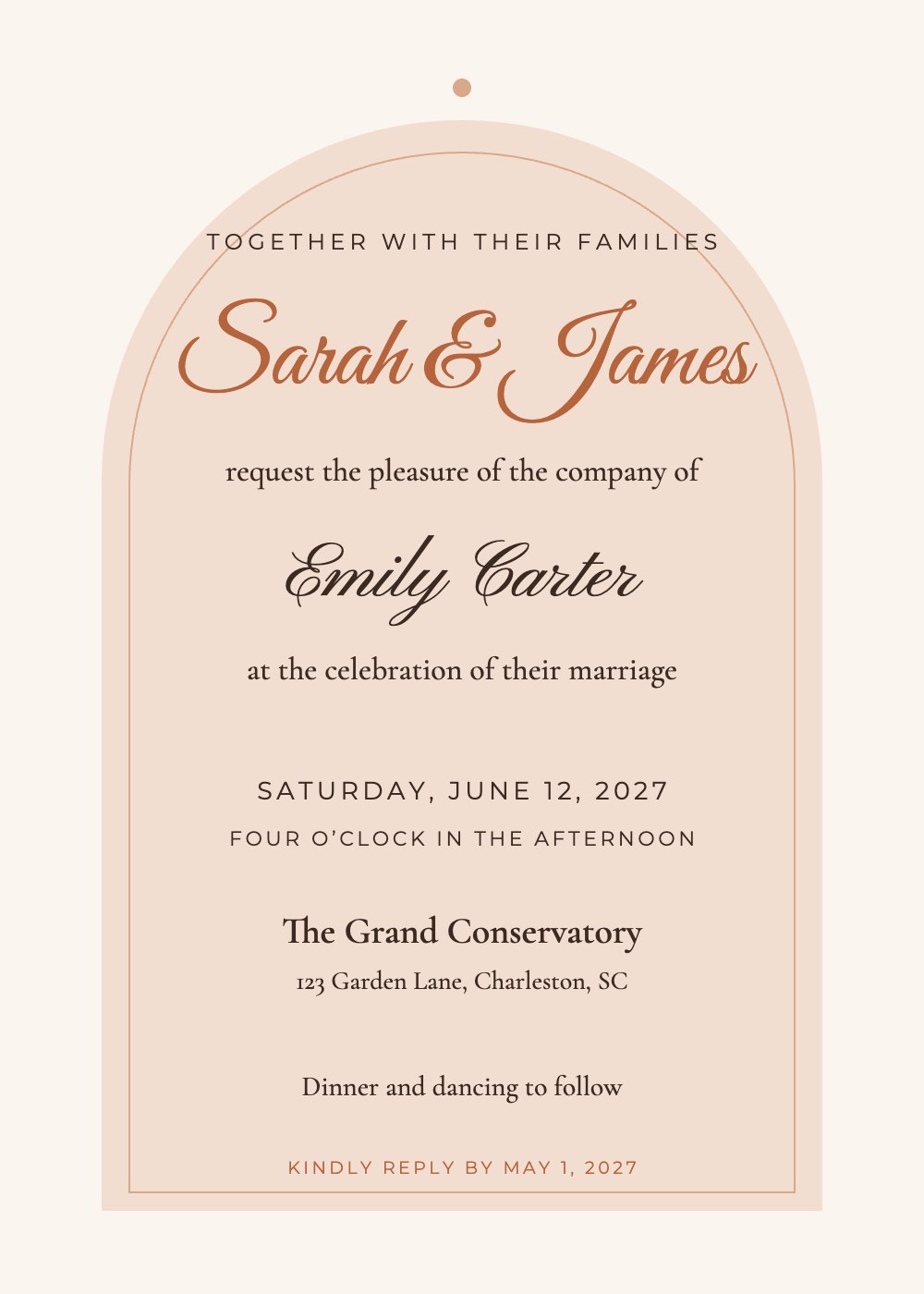 Terracotta Arch wedding invitation template, personalized with guest names