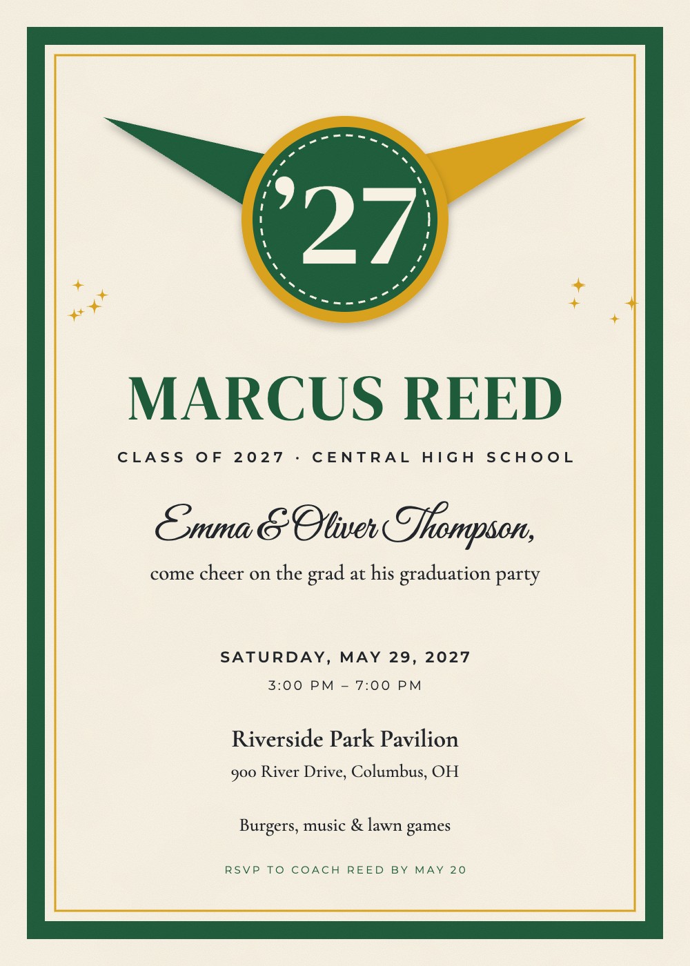 Varsity Letter graduation invitation with green and gold pennants and a 27 patch, personalized with each guest's name