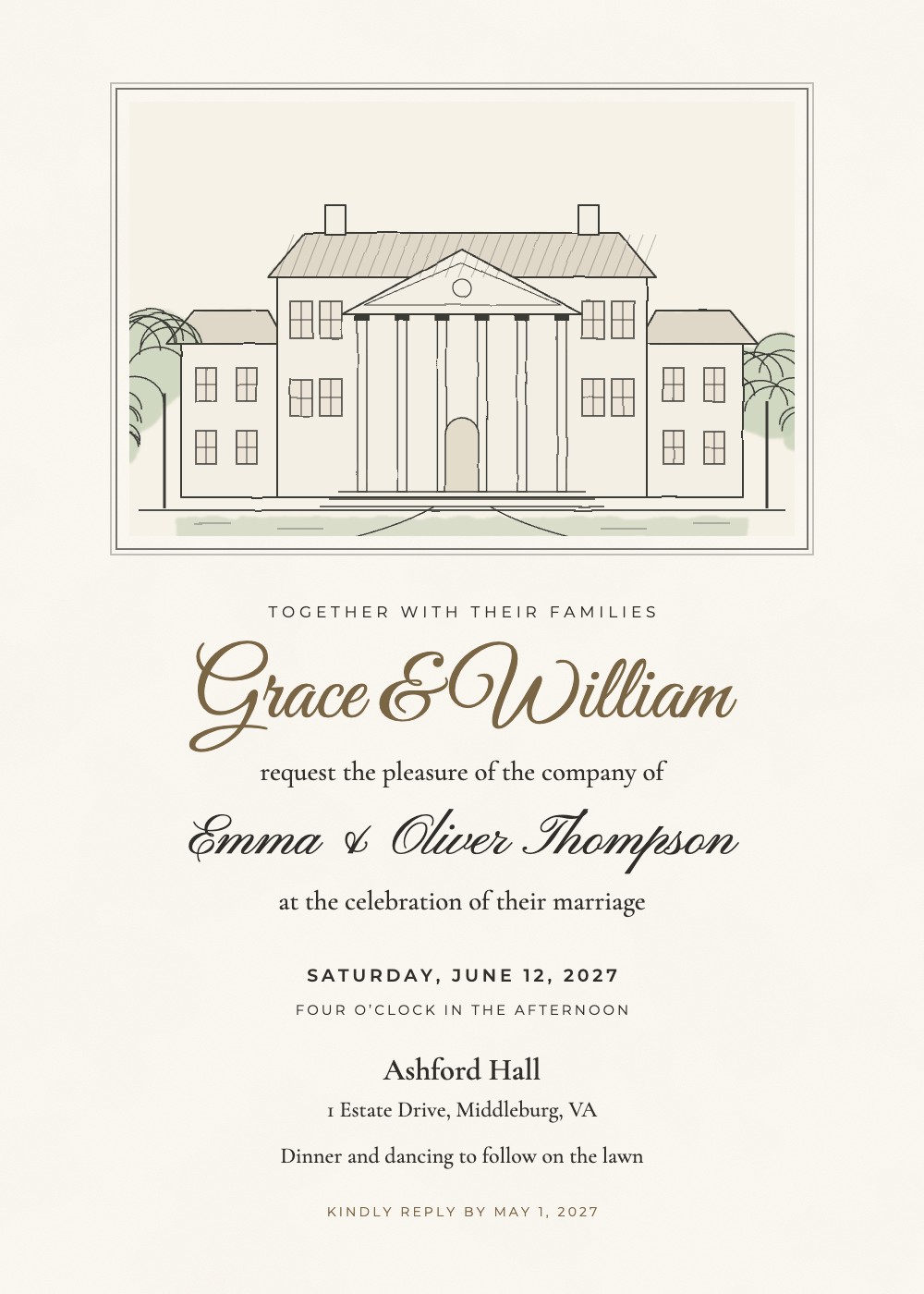 Venue Sketch wedding invitation with a pen-and-watercolor drawing of the venue, personalized with each guest's name