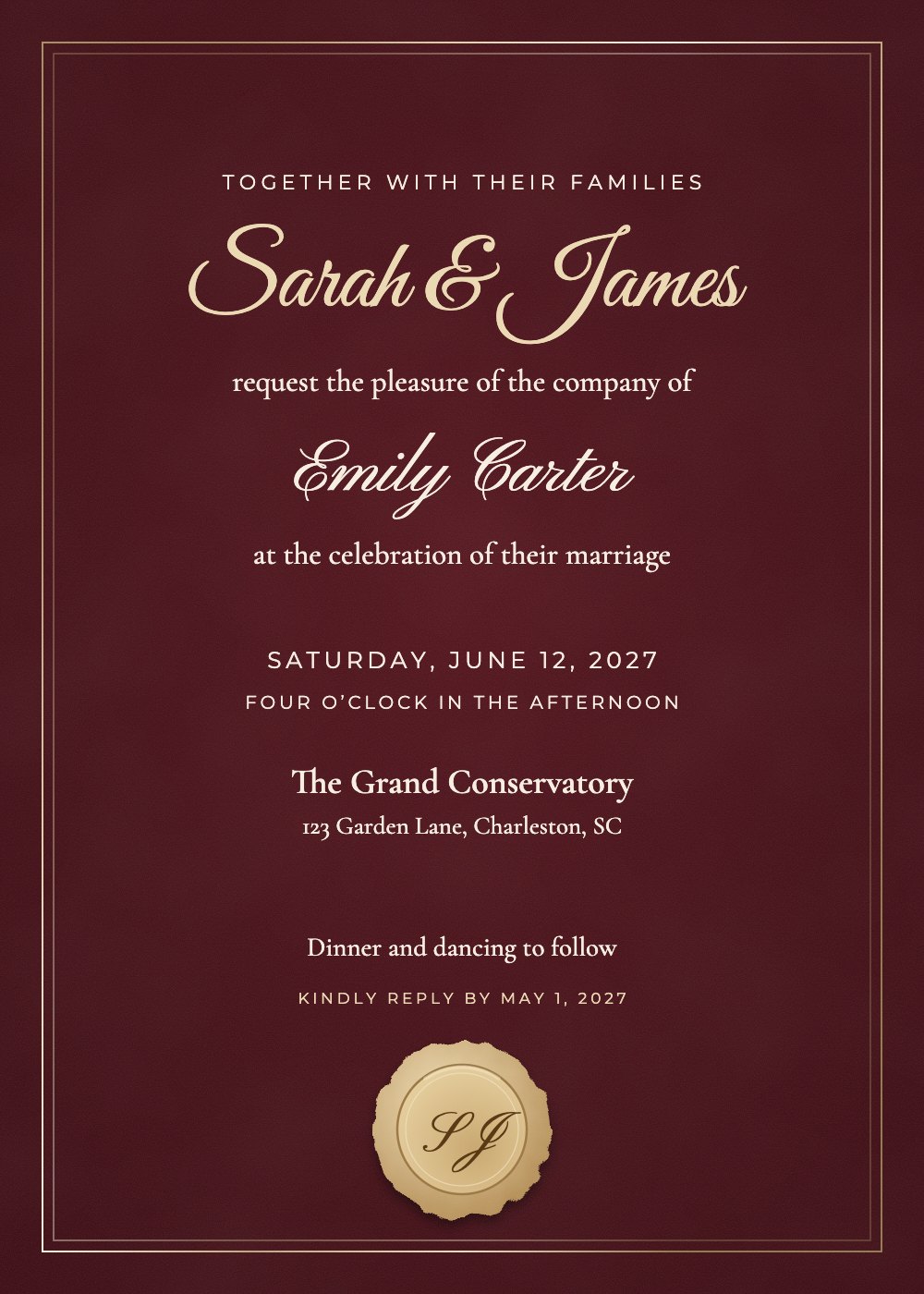 Wax Seal Monogram wedding invitation, personalized with each guest's name
