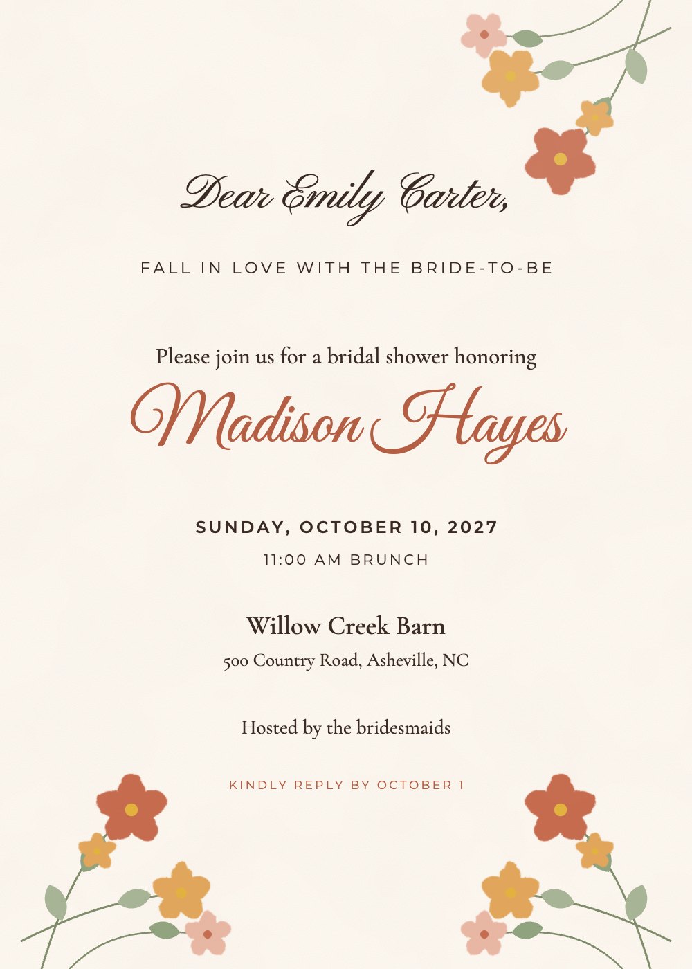 Wildflower Fall In Love bridal shower invitation, personalized with each guest's name