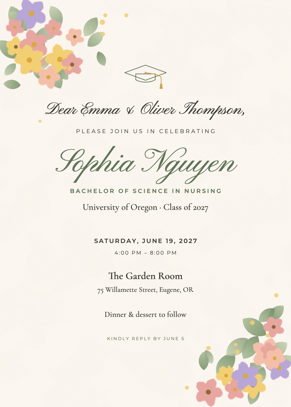 Wildflower Grad graduation invitation with watercolor flowers and a small cap, personalized with each guest's name