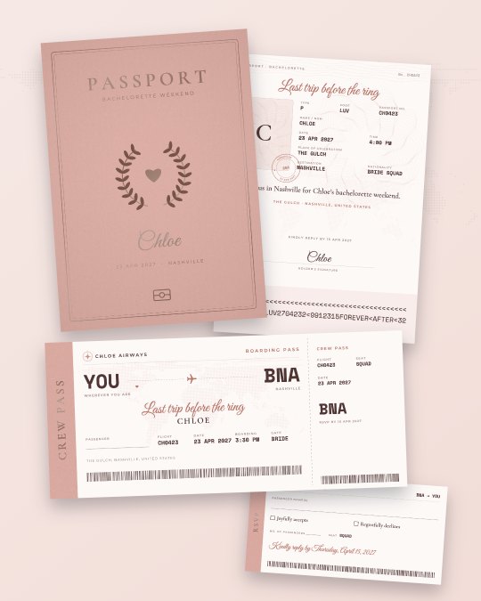 Blush pink passport bachelorette weekend invitation with crew pass boarding ticket for Nashville