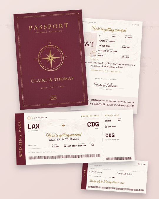 Burgundy and gold passport wedding invitation with compass emblem and boarding pass for a Paris wedding