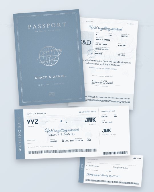 Dusty blue passport wedding invitation with globe emblem, silver foil look and boarding pass for a Greek island wedding