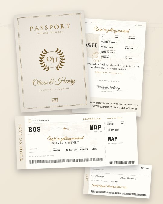 White and gold monogram passport wedding invitation and boarding pass for an Amalfi Coast wedding
