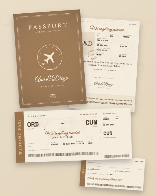 Kraft paper vintage passport wedding invitation with airplane emblem and boarding pass RSVP for a Tulum beach wedding