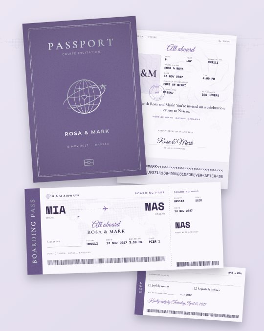 Lavender passport and boarding pass cruise invitation for a Caribbean cruise celebration
