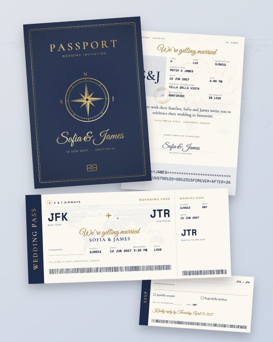 Navy and gold passport wedding invitation suite with compass emblem, boarding pass and RSVP card for a wedding in Santorini