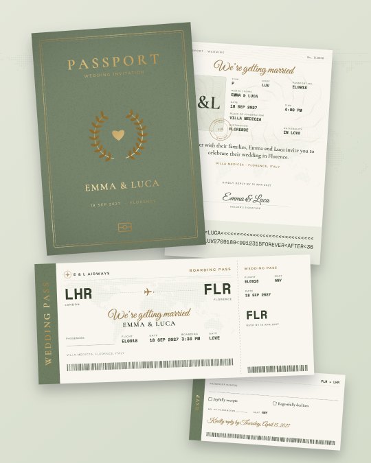 Sage green passport wedding invitation with gold laurel wreath and boarding pass for a Tuscany destination wedding