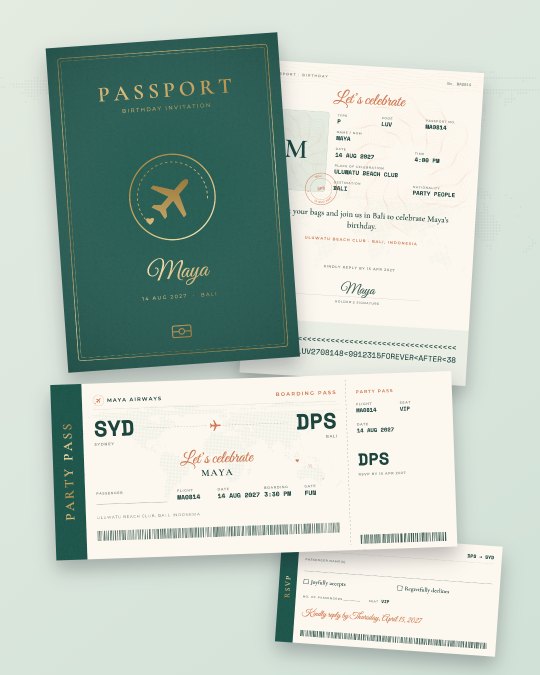 Tropical green passport birthday invitation and party pass boarding ticket for a birthday trip to Bali