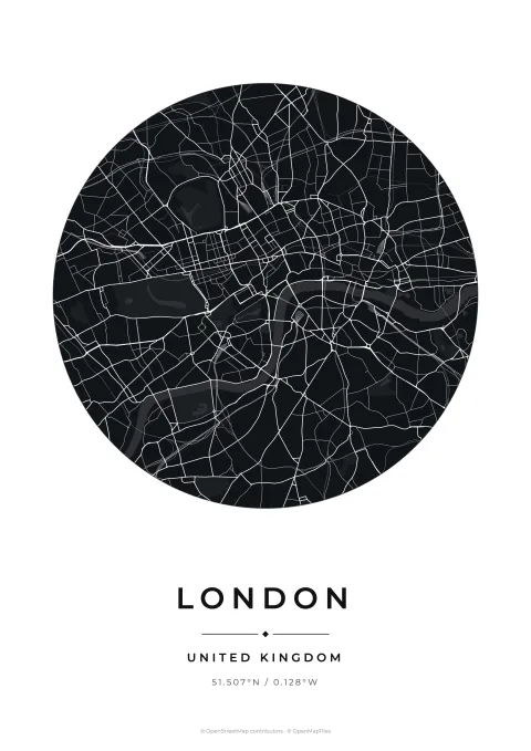 Minimalist black and white circular city map poster of London