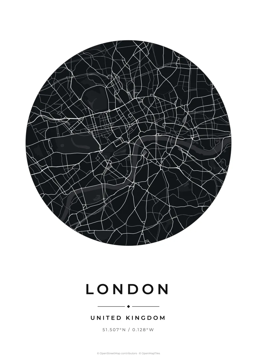 Minimalist black and white circular city map poster of London