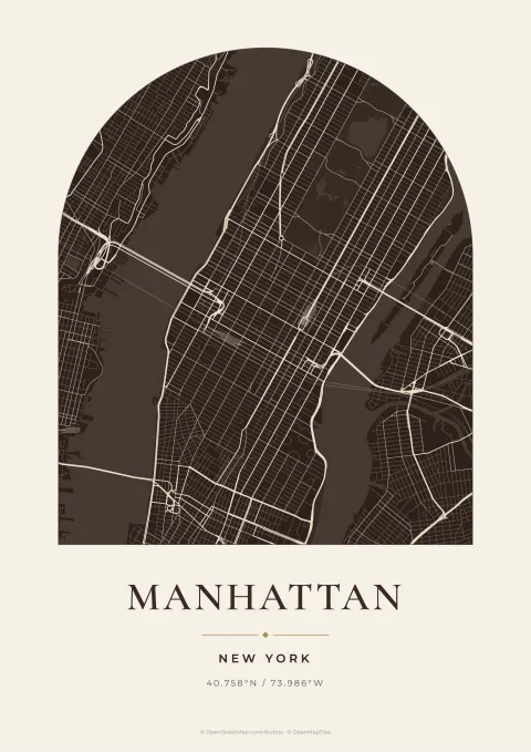 Arch-shaped Manhattan street map poster in brown and cream