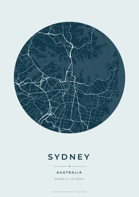 Ocean blue circular city map poster of Sydney, Australia