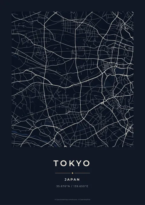 Full-bleed dark navy city map poster of Tokyo streets