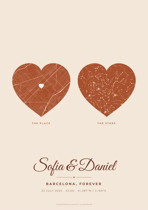 Our story poster with heart-shaped map of Barcelona and star map, terracotta