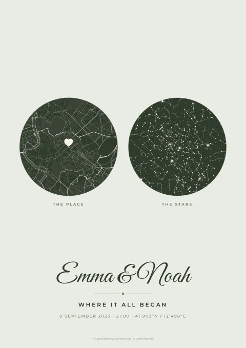Our story poster with a map of Rome and the star map of the same night, sage green