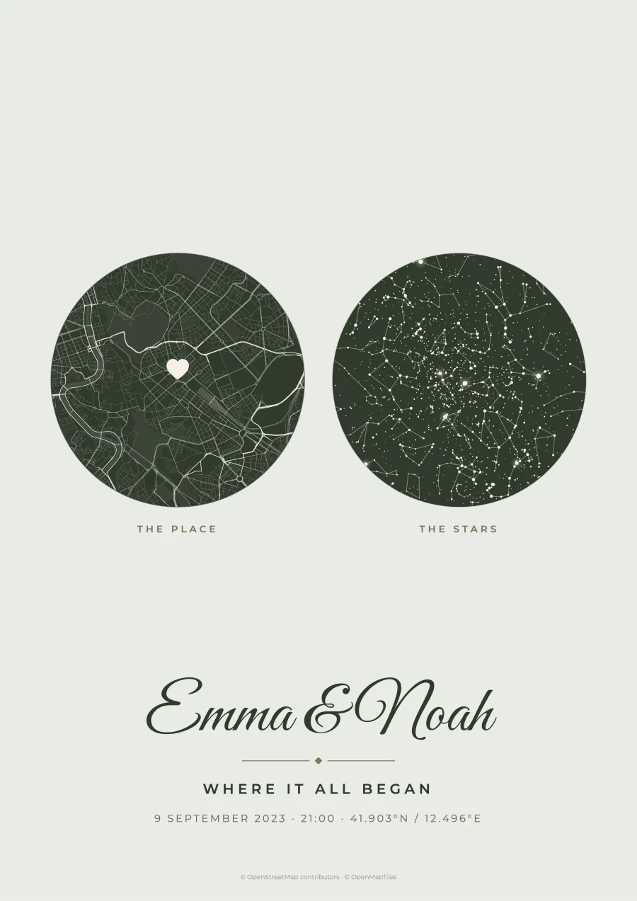 Our story poster with a map of Rome and the star map of the same night, sage green