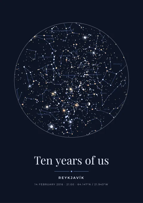 Anniversary star map poster with constellation names, deep blue