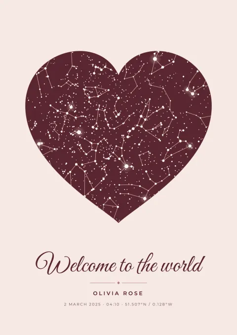 Heart-shaped star map birth poster in blush pink with the baby’s name