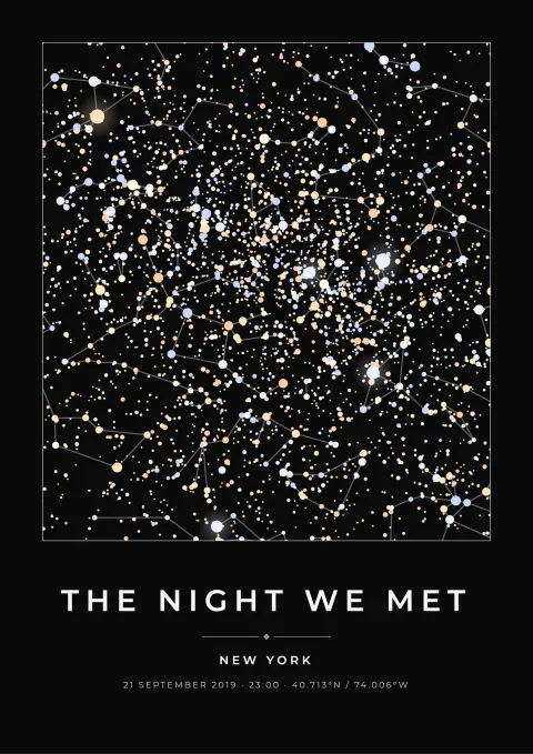Full-bleed black star map poster with colored stars, the night we met in New York