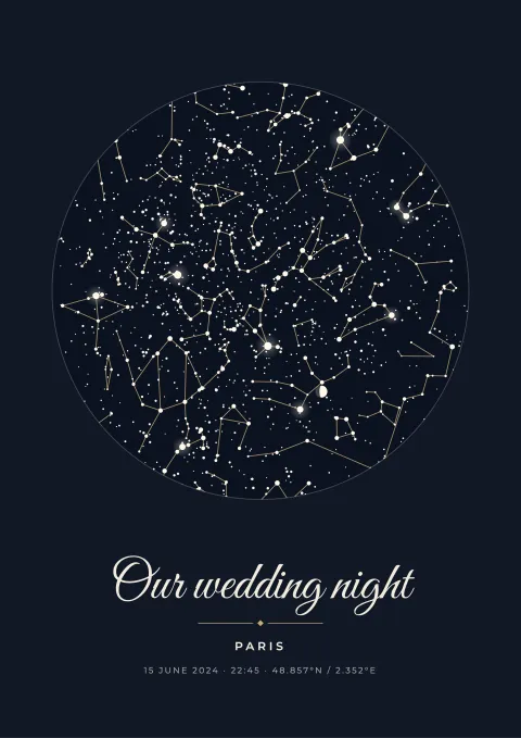 Star map poster of the night sky over Paris on a wedding night, navy and gold