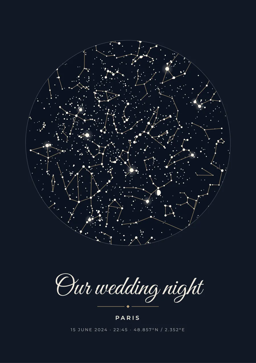 Star map poster of the night sky over Paris on a wedding night, navy and gold