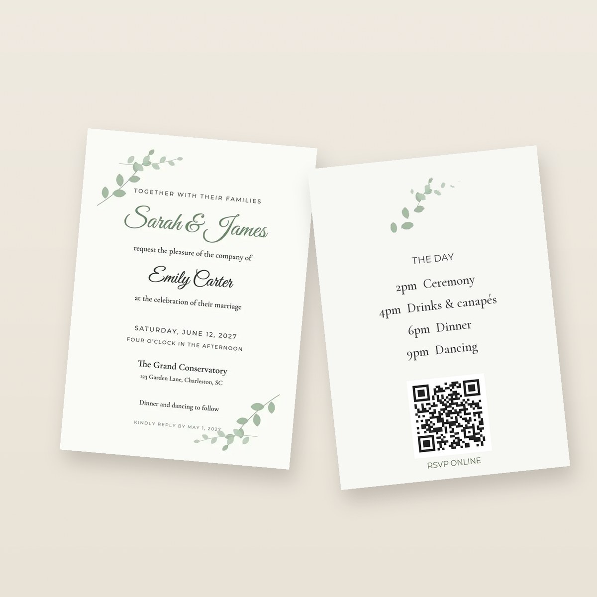 Front and back of a printed invitation: the invitation and the day’s timings with an RSVP QR code