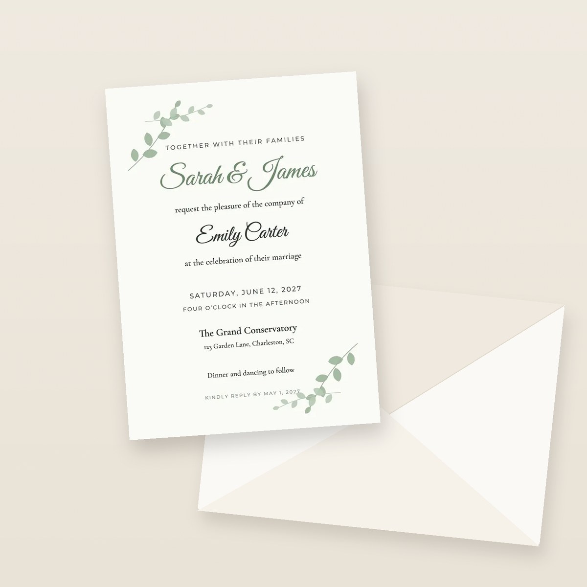 Printed 7×5 inch wedding invitation on thick white card with an envelope