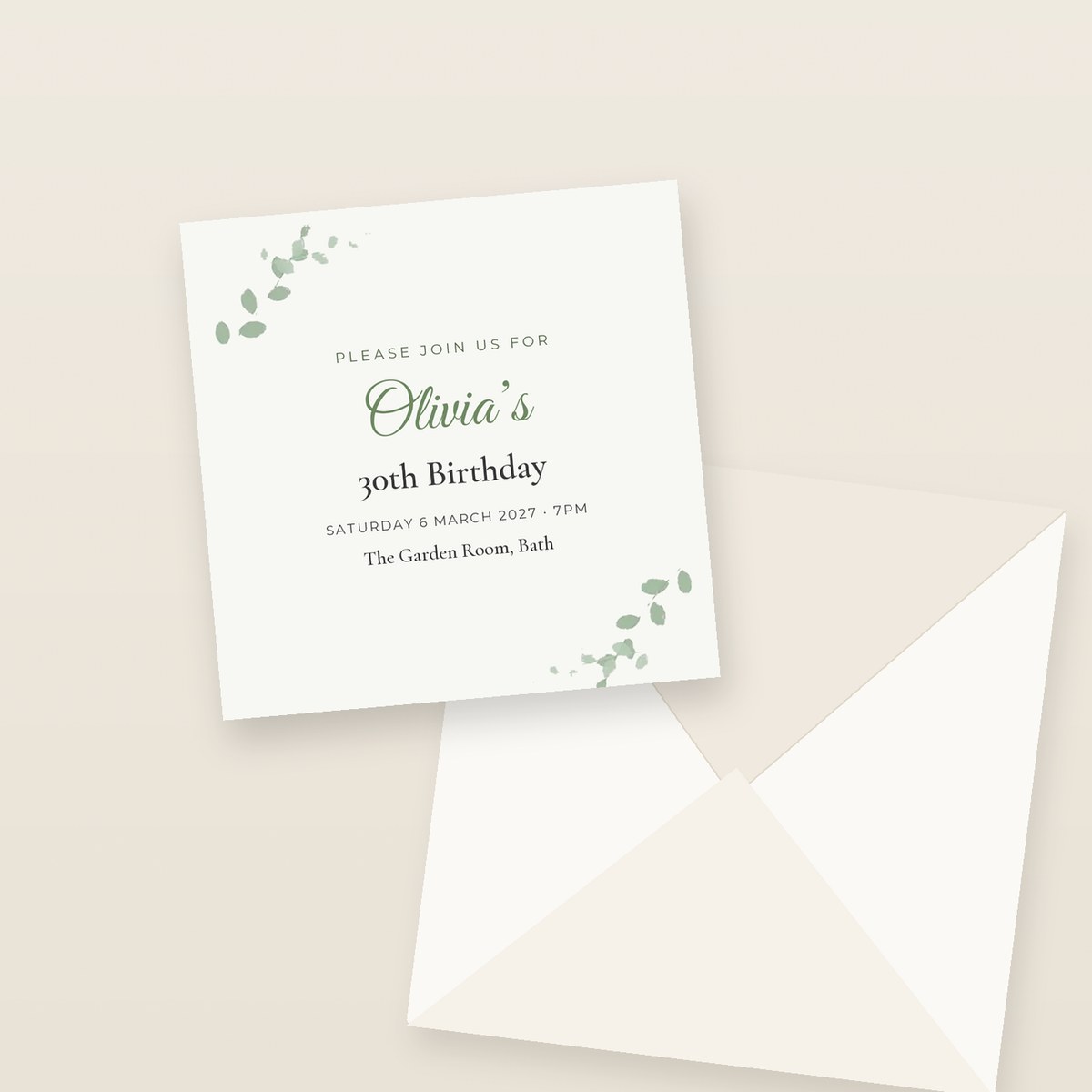Square printed birthday party invitation with its envelope