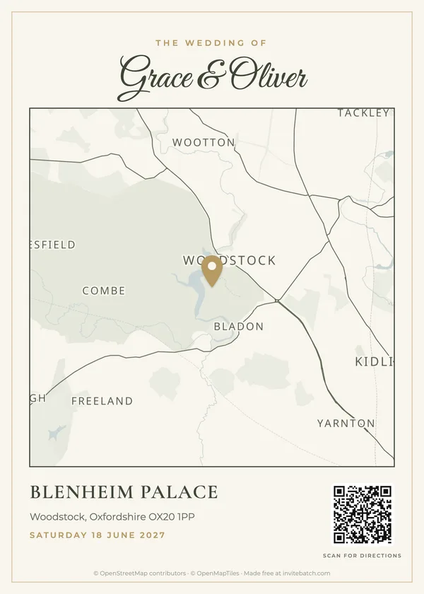 Romantic estate wedding map card for Blenheim Palace, Oxfordshire