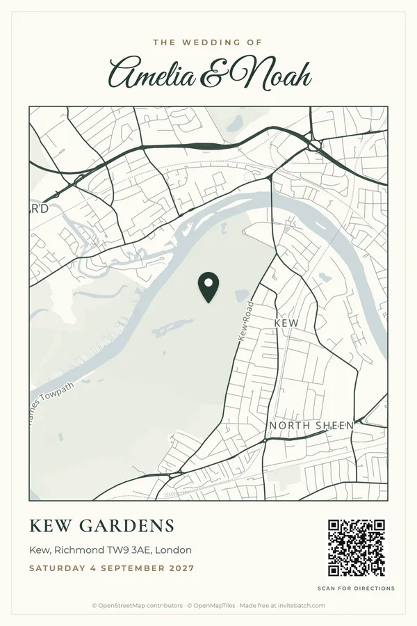 European luxury wedding map card for Kew Gardens, London