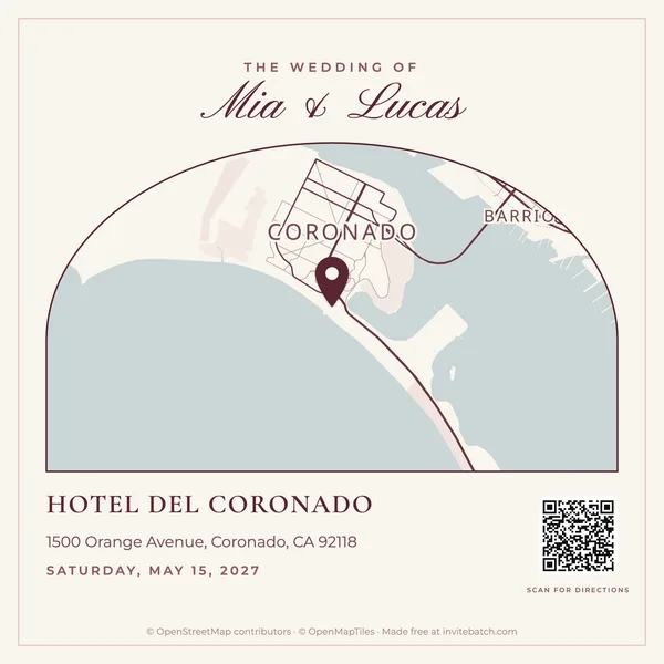 Feminine luxury wedding map card for Hotel del Coronado, California