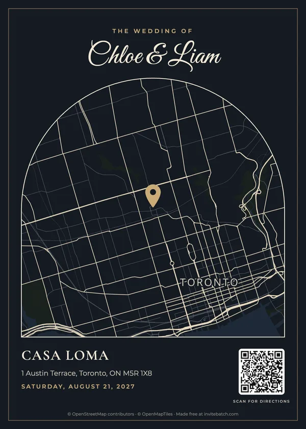 Midnight wedding map card for Casa Loma, Toronto