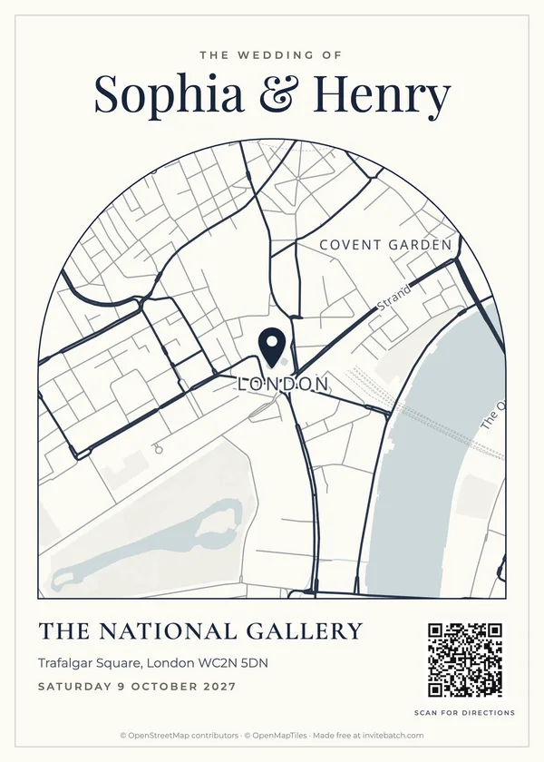 Modern luxury wedding map card for The National Gallery, London