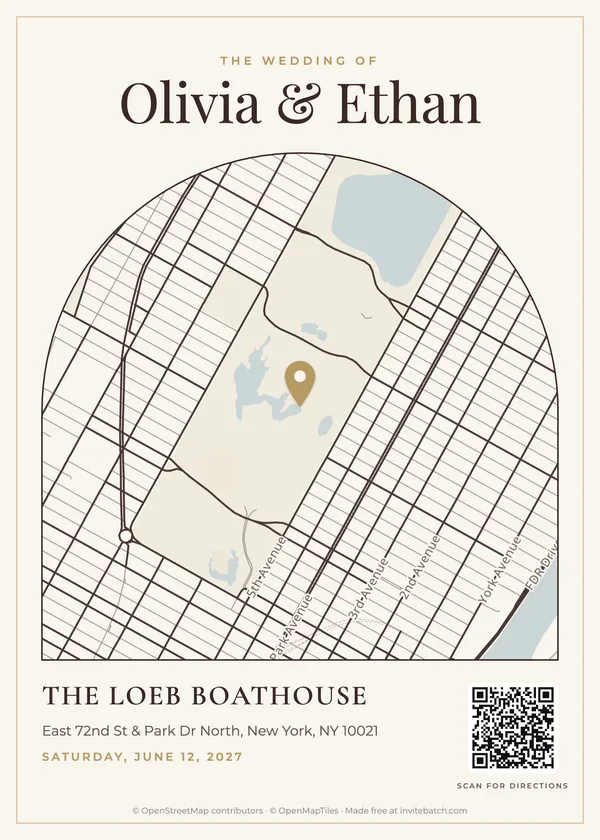Old money wedding map card for The Loeb Boathouse, New York